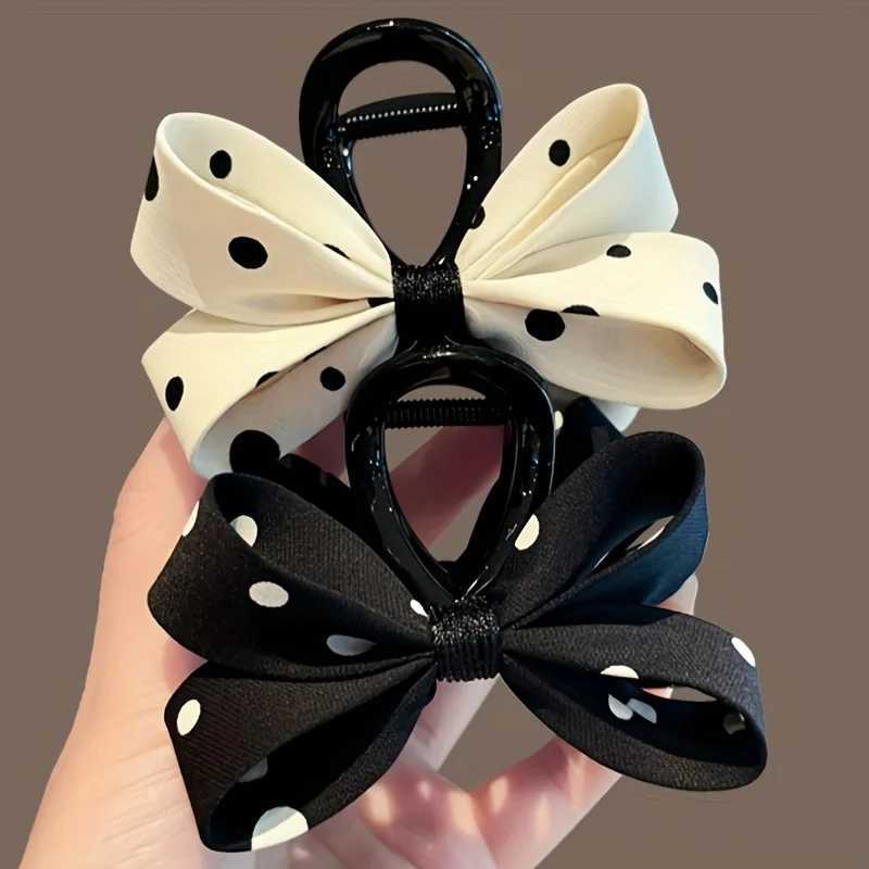Vintage-Inspired Fabric Black White Polka Dot Bow Hair Claw - Elegant Shark Clip for Date Night Daily Wear H260402