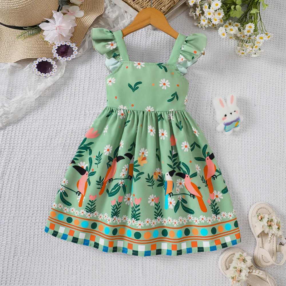 Girls summer style small fly sleeve plant print dress H260402