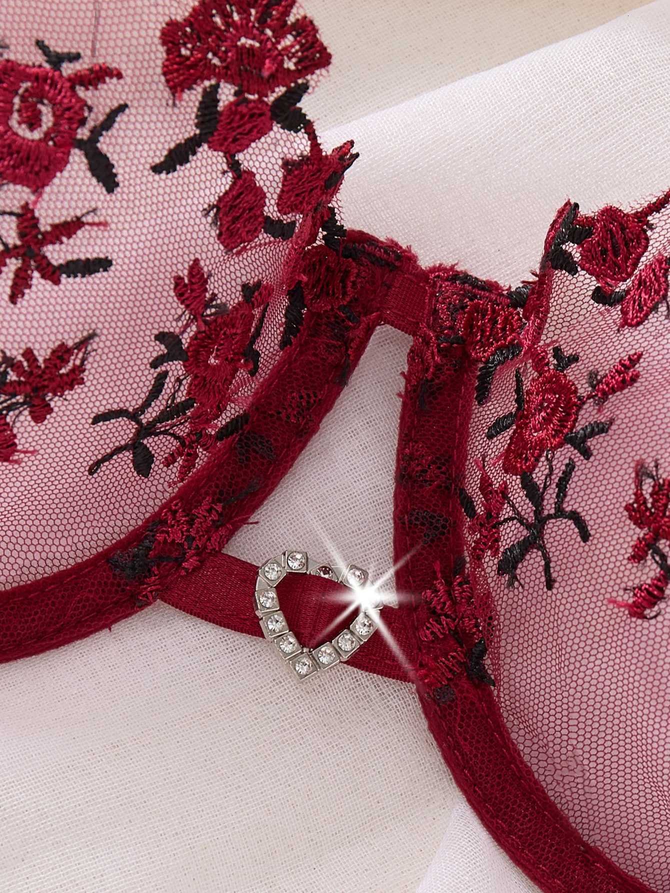 WineRed French-style floral embroidery lace lingerie set and pure desire sheer bra supportValentines Day party ZA824026 Z260402