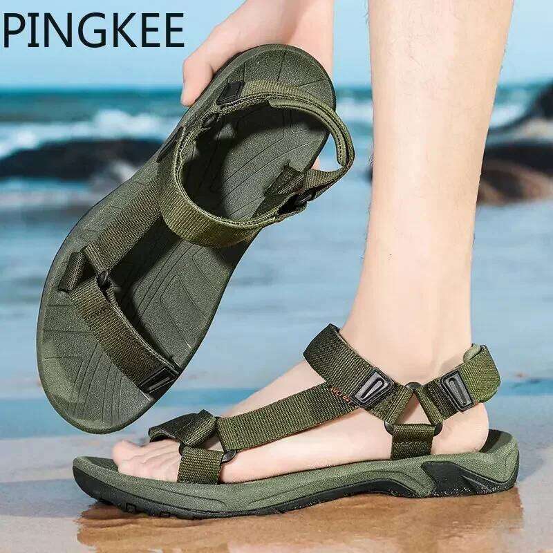 PINGKEE Fabric Upper Adjustable Hook Loop Closure Open Toe Sandals Leather Male Sandal Classic Summer Slip on Flat Men's Shoes