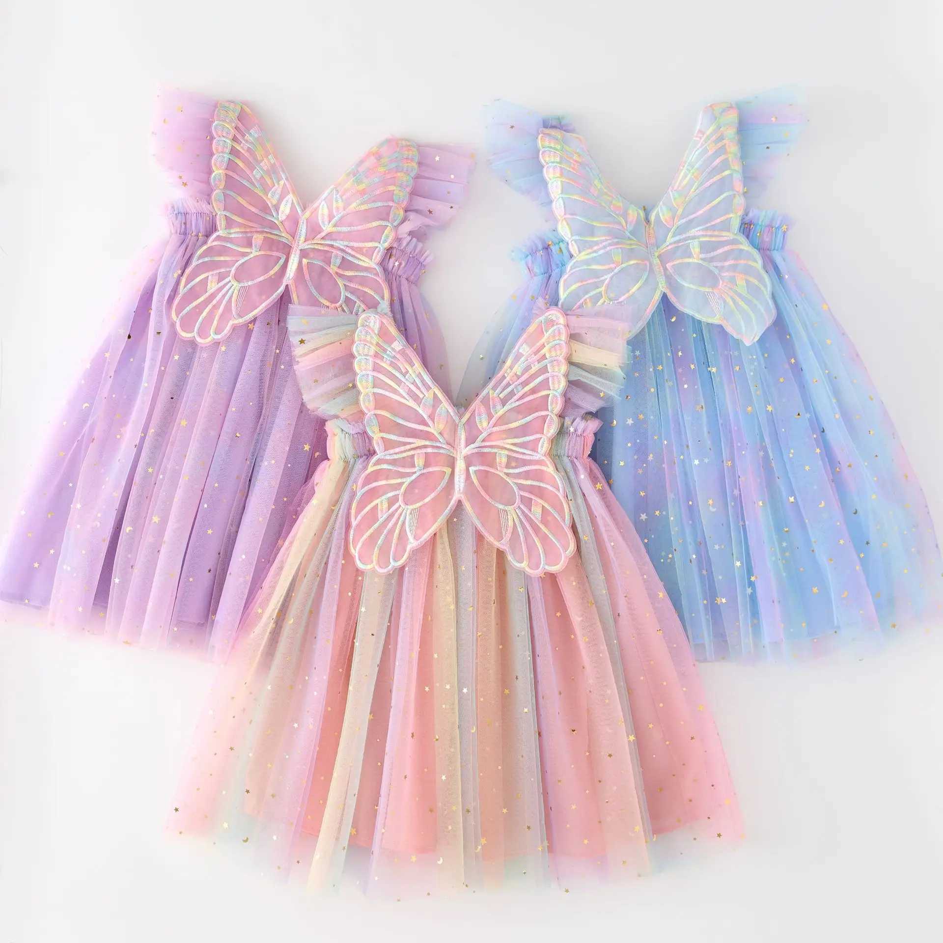 Flying Sleeves Kids Sequin Star Suspender Dresses for Girls Princess Wings Rainbow Mesh Puff Dress Baby Photo Shoot Dress H260402