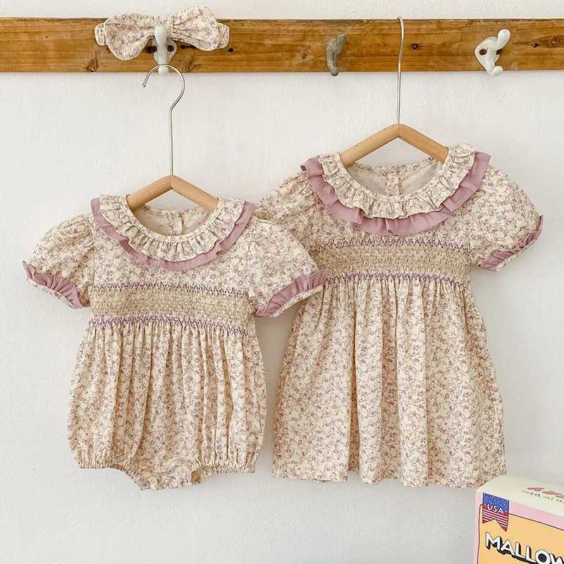 New Summer Baby Girl Clothes Short Sleeve Lace Flower Girls Dress Cotton Baby Romper Princess Dress Famil Matching Sister Outfit H260402