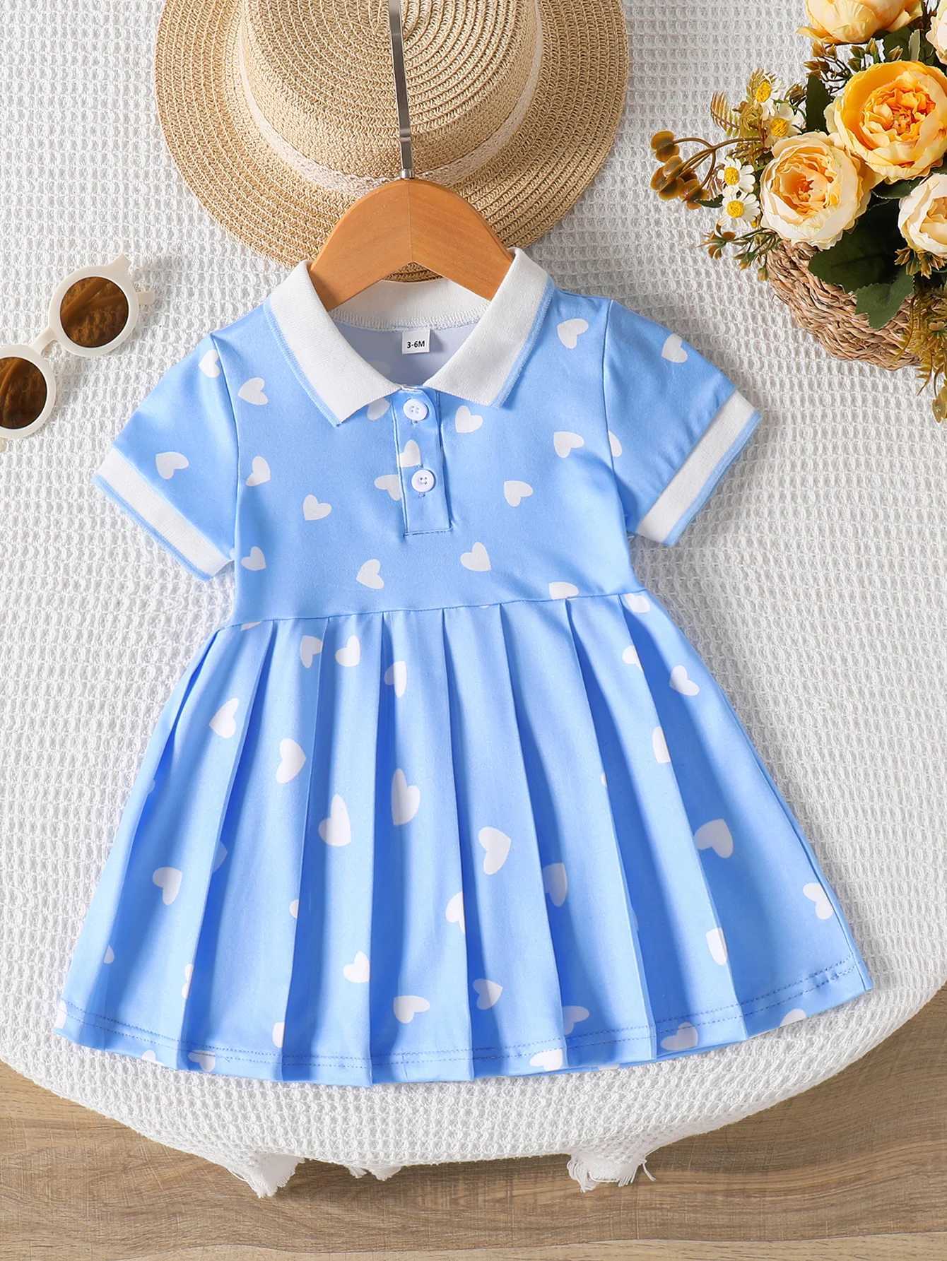 Baby Girl Blue Polo Dress with White Heart Print Short Sleeve Collared Pleated Dress for Toddlers H260402