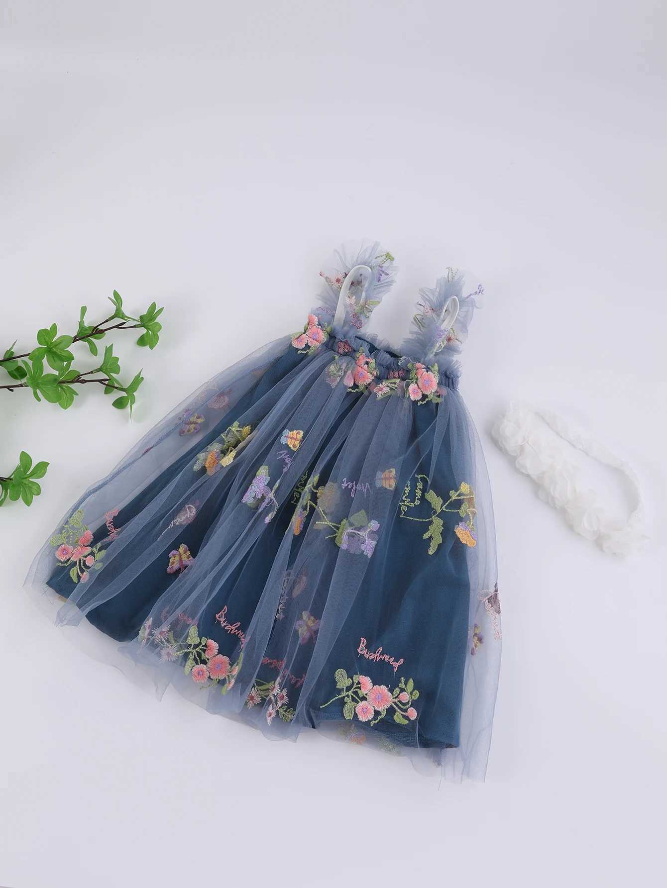 Infant Toddler Baby Girls Tutu Dress Sleeveless Flower Embroidery Tulle Dress Little Girls Princess Dresses with Flower Headband H260402