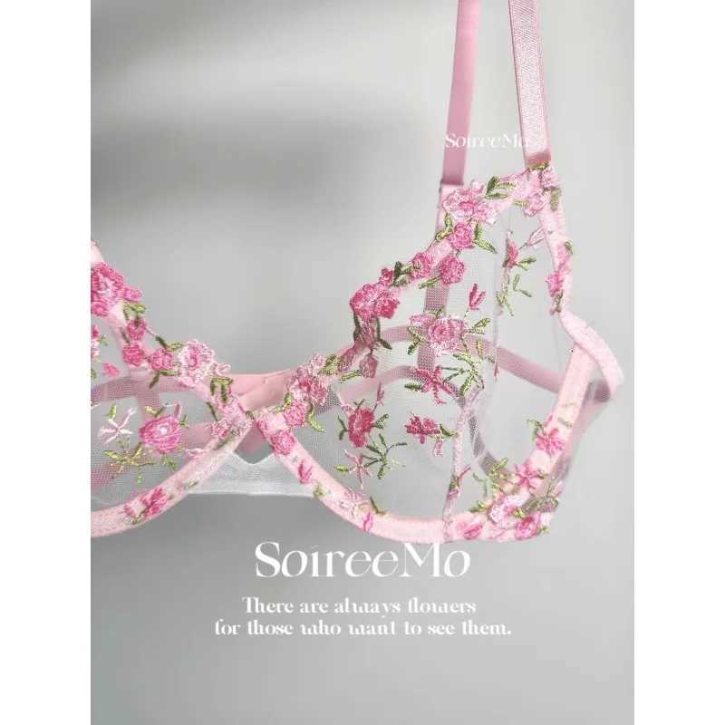Kawaii Japanese Lingerie Set Sheer Tulle Pink Floral Embroidery Bra Bralette Pure Matching Set BANERDANNI Tushy Bras Z260402