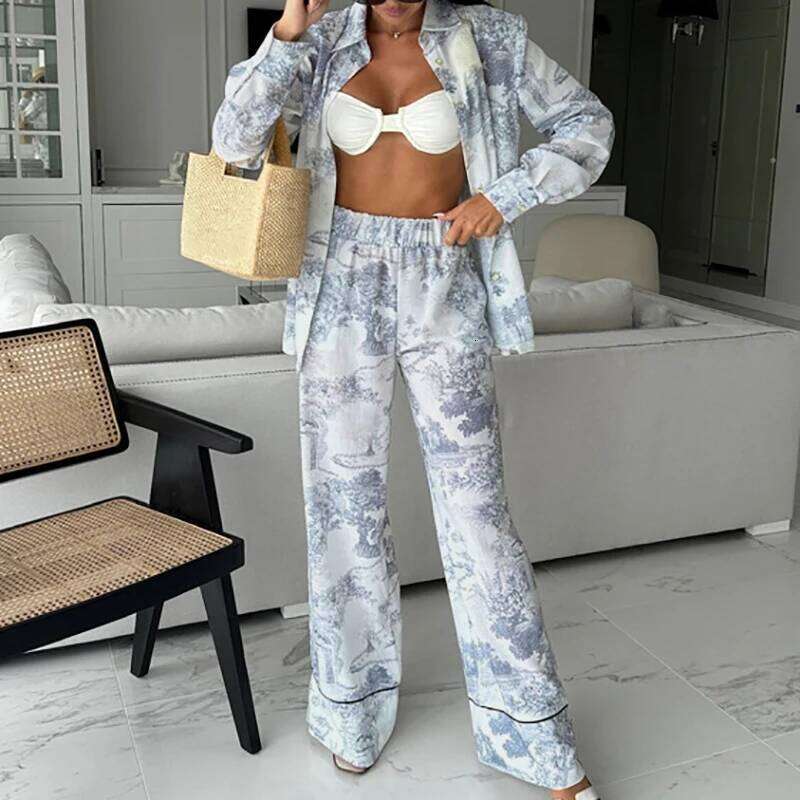Women's Elegant Long Sleeve Loose 2 Piece Set New Autumn Pattern Printed Shirt Suit Casual Elastic Waist Straight Pants Outfit Asia Size