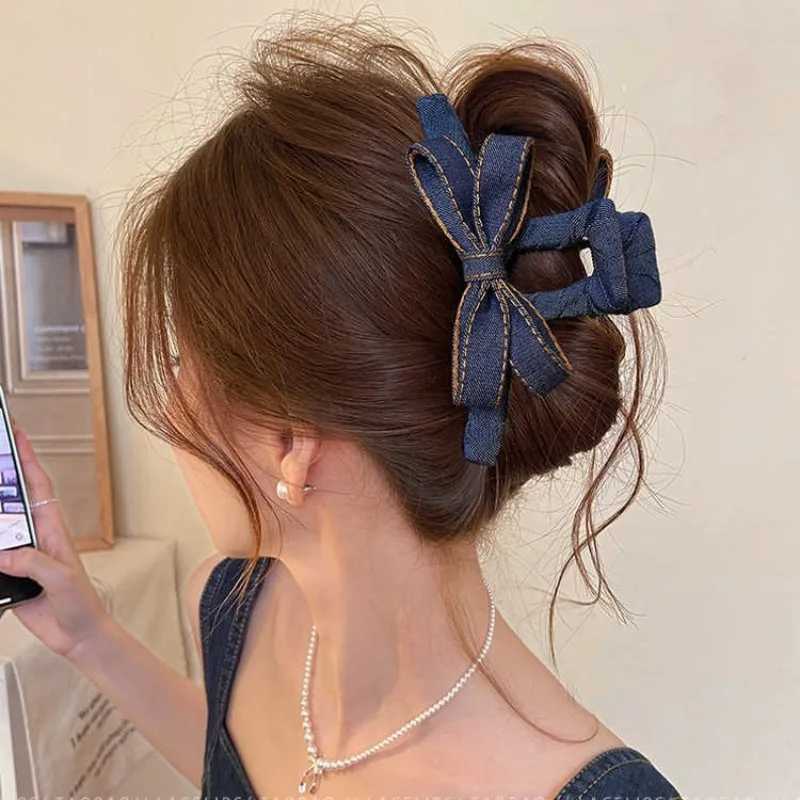 Autumn Winter Denim Bow Hair Claw Clip for Women High-End Hair Bun Shark Clip 2025 New Large Size Back Hair Accessory H260402