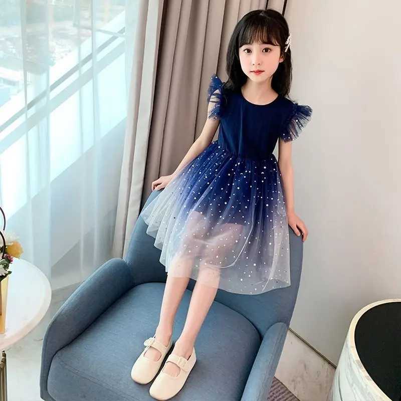 Summer Sleeveless Fashion Gauze Dress Girls Starry Sky Gradient Princess Dress New Years Childrens Birthday Party Present H260402