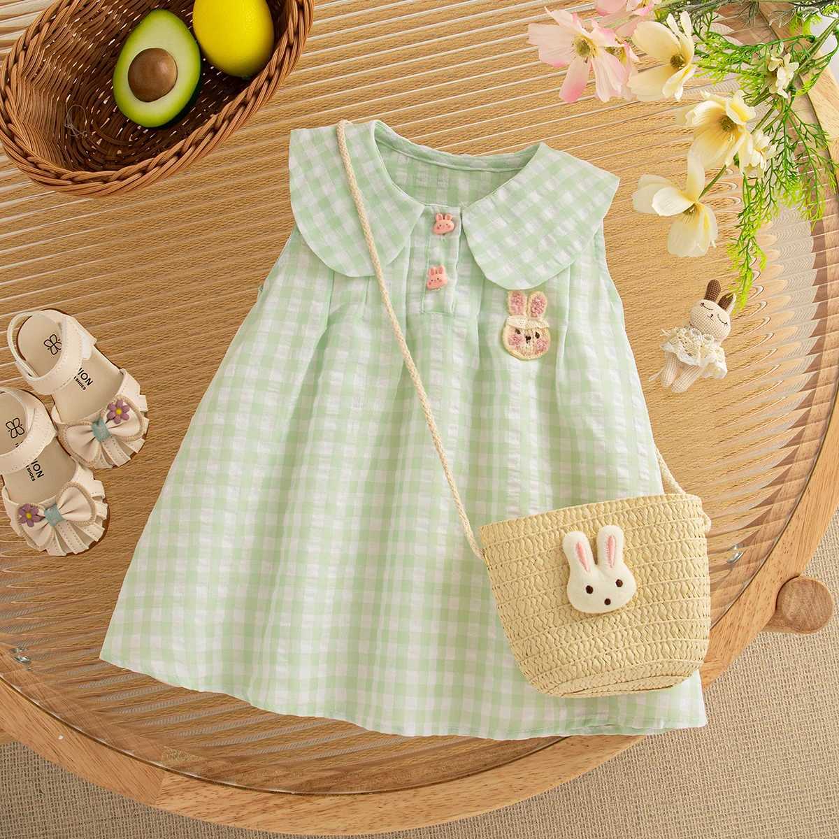 Baby Girl Dress Summer Plaid And Cartoon Pattern Sleeveless Doll Collar Baby Dresses Cute Casual Girl Kids Dress With Bag H260402