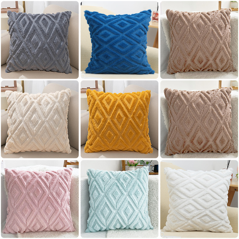 Pillowcase Large Diamond Pattern Rabbit Fur Quilted Plush Sofa Cushion Cover Headboard Backrest Lumbar Pillowcase Without Insert