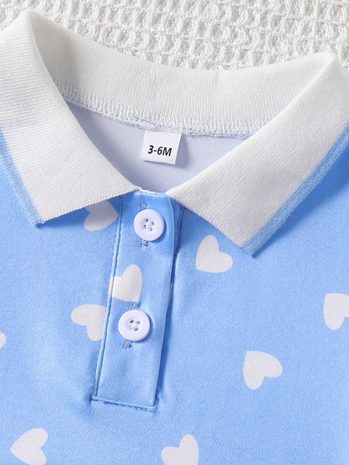 Baby Girl Blue Polo Dress with White Heart Print Short Sleeve Collared Pleated Dress for Toddlers H260402
