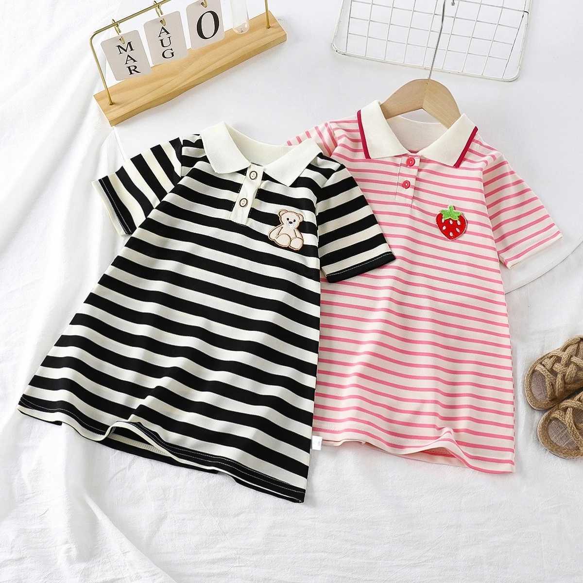 2025 New Childrens Dress Girls Summer Korean Edition Striped Strawberry Lapel Polo Collar Striped A-line Skirt 1-10 Years Old H260402