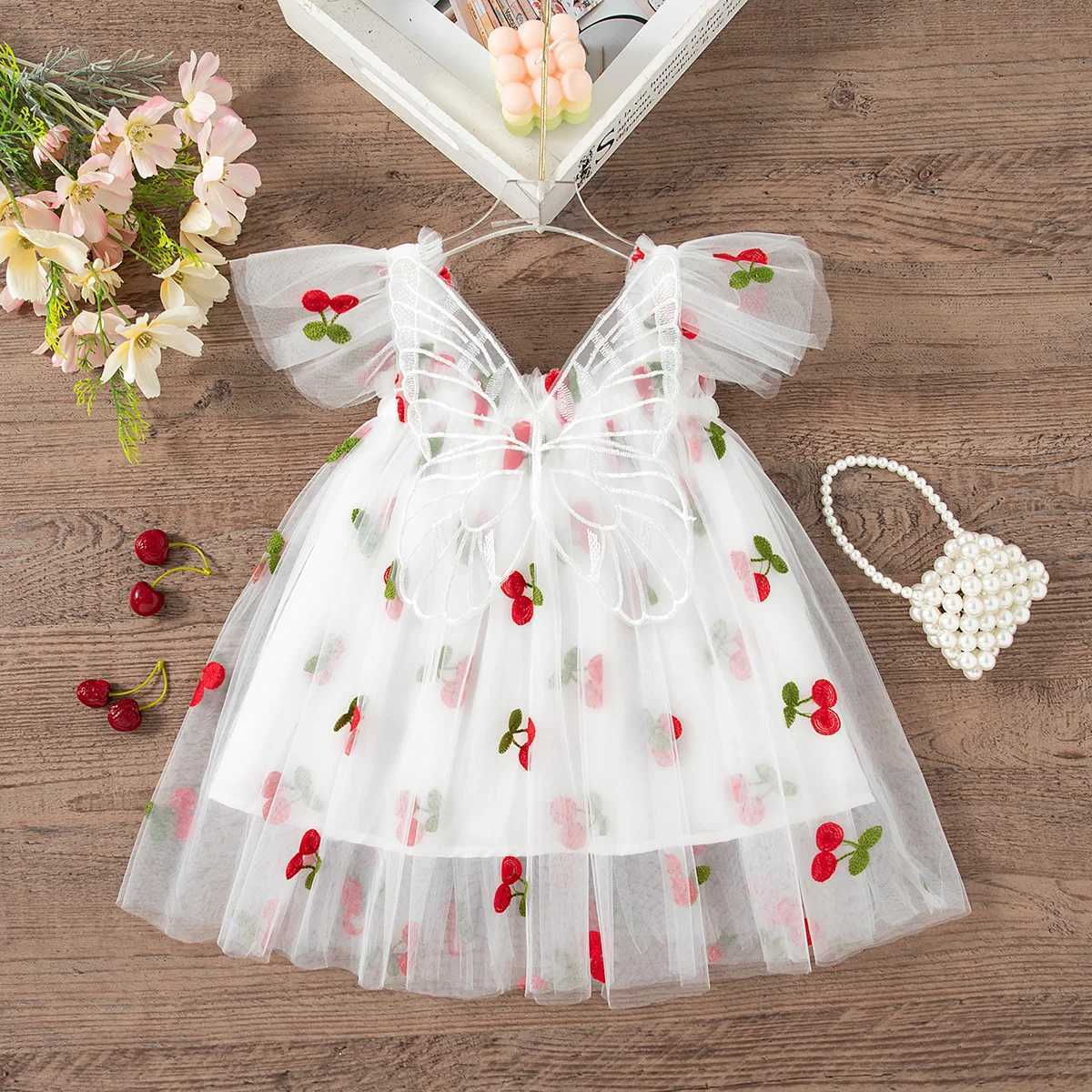 Summer New Sweet Butterfly Wing Baby Girl Princess Dress Floral Chiffon Wedding Party ChildrenS Sleeveless Clothes 0-4 Years H260402
