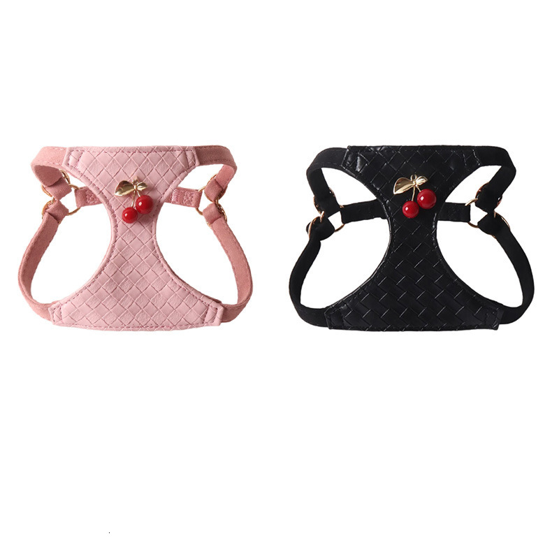 Pet Harness Set New Braided Leather Pu Quilted Pattern Chest Vest With Red Cherry Decor Double Hook Leash For Dogs