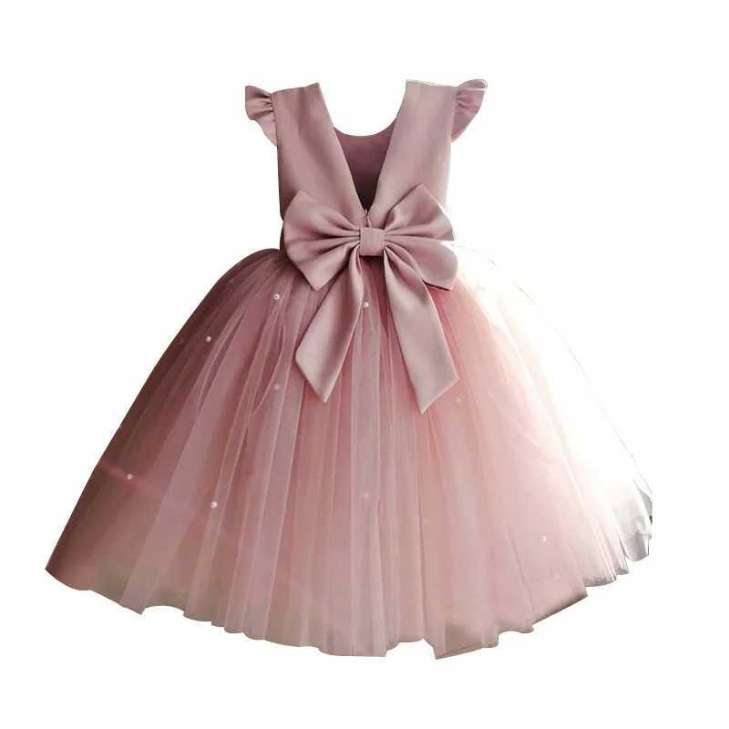 Flower Girl Dresses Birthday Tulle Dress Backless Bow Wedding Gown Kids Party Wear Princess Pink Baby Bowknot Toddler H260402