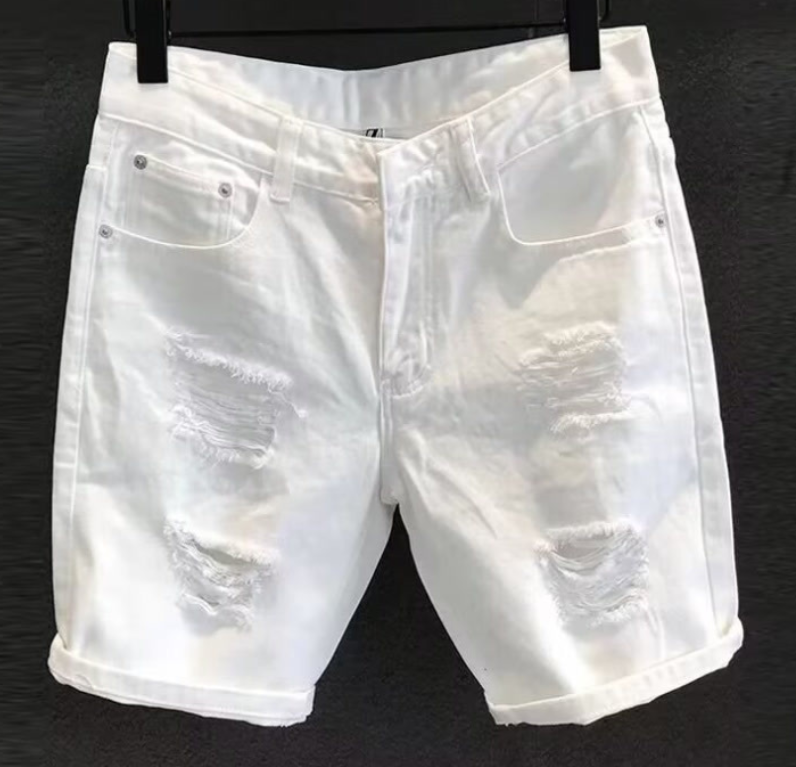 Solid Color Black and White New Straight Denim Shorts Korean Summer Men's Ripped Cat Whisker Five-point Brand Middle Pants Hot 2026
