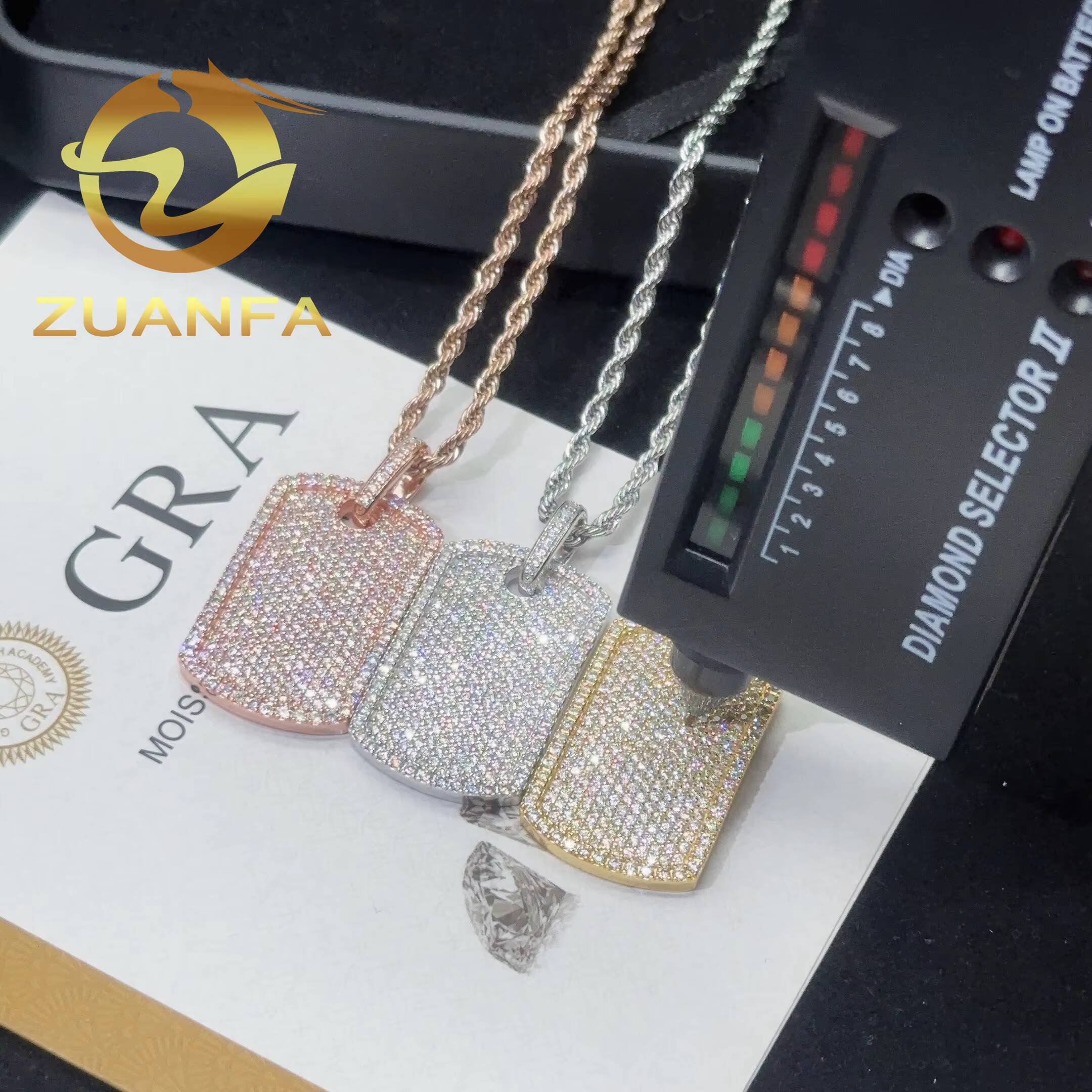 Ready to Ship Moissanite Hip Hop Jewelry Tag Iced Out Pendant Sterling Silver 925 Moissanite Dog Tag Pendant With Rope Chain
