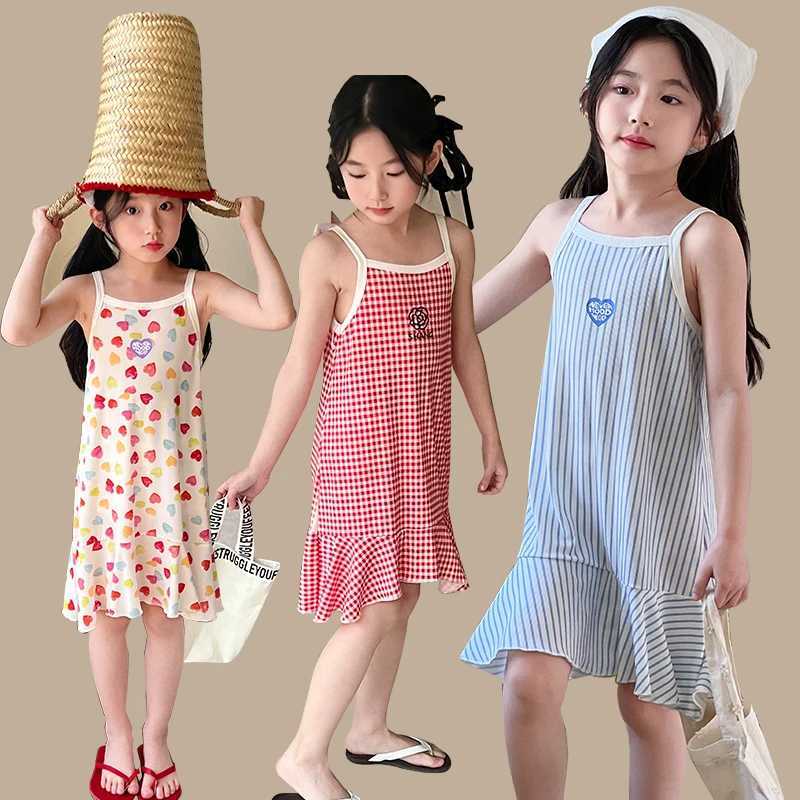 Girls Summer Cotton Dresses Childrens Fashion Dresses Thin Girls Halter Dresses Childrens Flower Dresses Dot Dresses Plaid D H260402