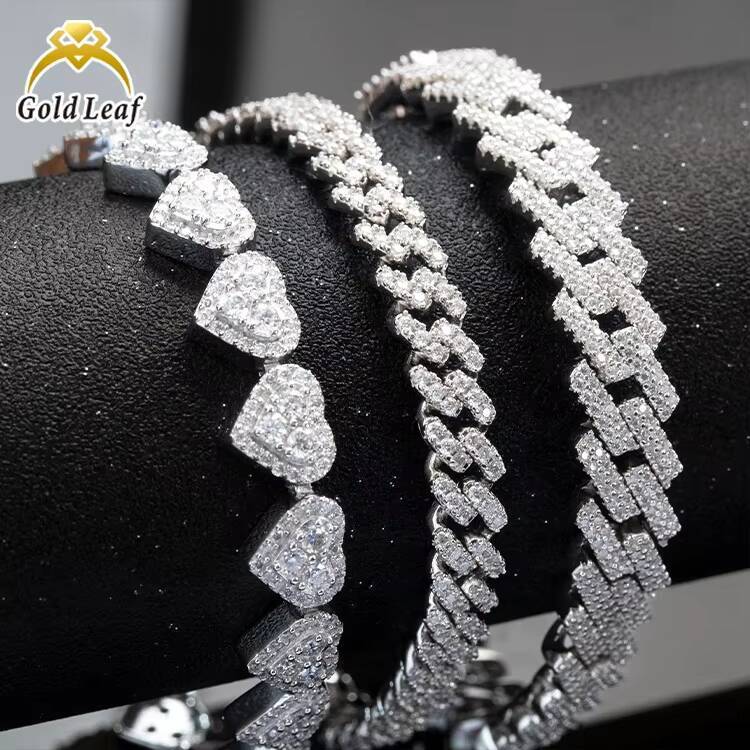 Goldleaf Jewelry 925 Sterling Silver Hiphop Heart Shape Moissanite Bracelet Bangles 8mm VVS Iced 8mm Cuban Link Chain