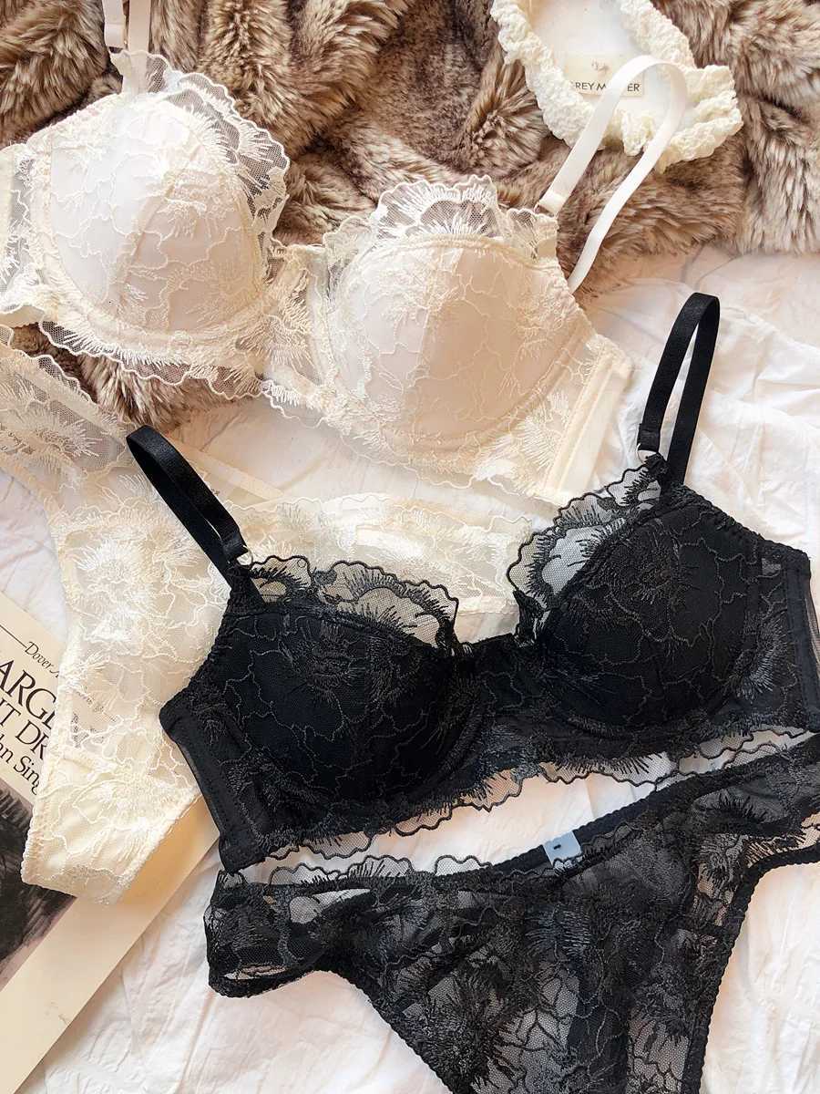 Lace Flowers Embroidery Bra Set Thin 3/4 Cup Push Up Lingerie For Women Summer Breathable Comfort Brassiere Underwear Sets Z260402