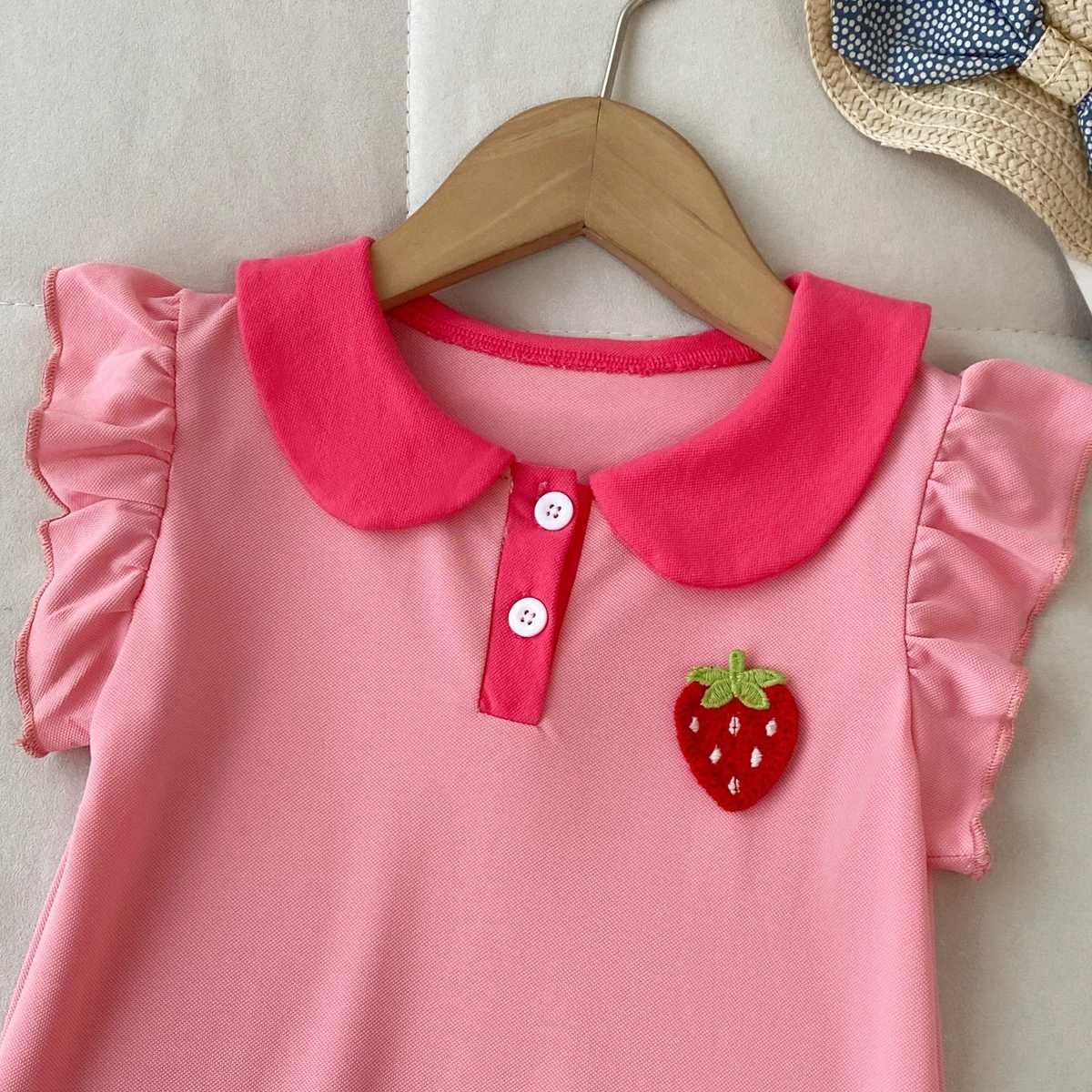 Summer New Childrens Clothing Fashion Simple Strawberry Lapel Flying Sleeve Dress Korean Version Girls Casual Dresse H260402