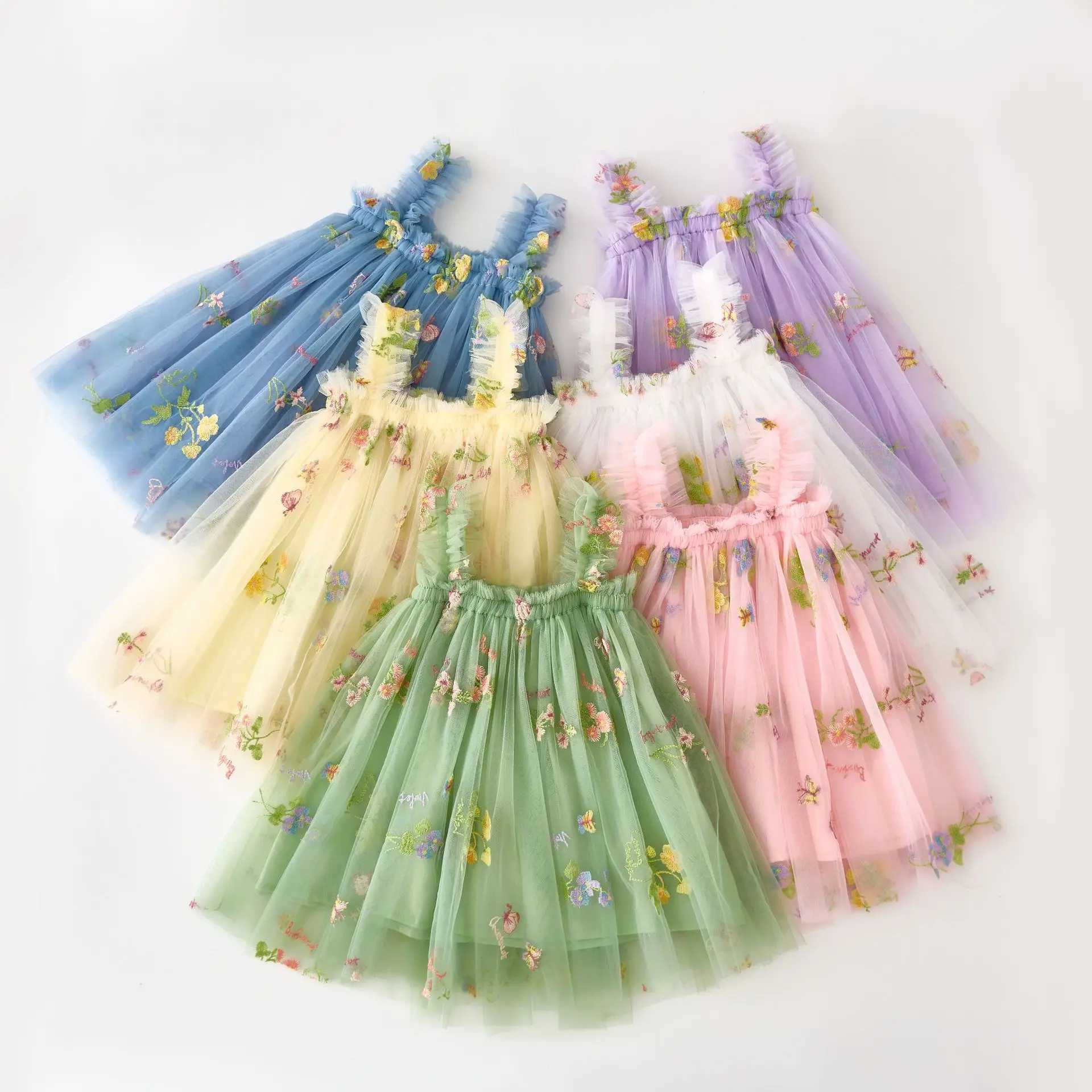 Baby Girl Dresses Summer Suspenders Flower Embroidery Mesh Dress Cute Wedding Flower Infant Girl Clothes H260402