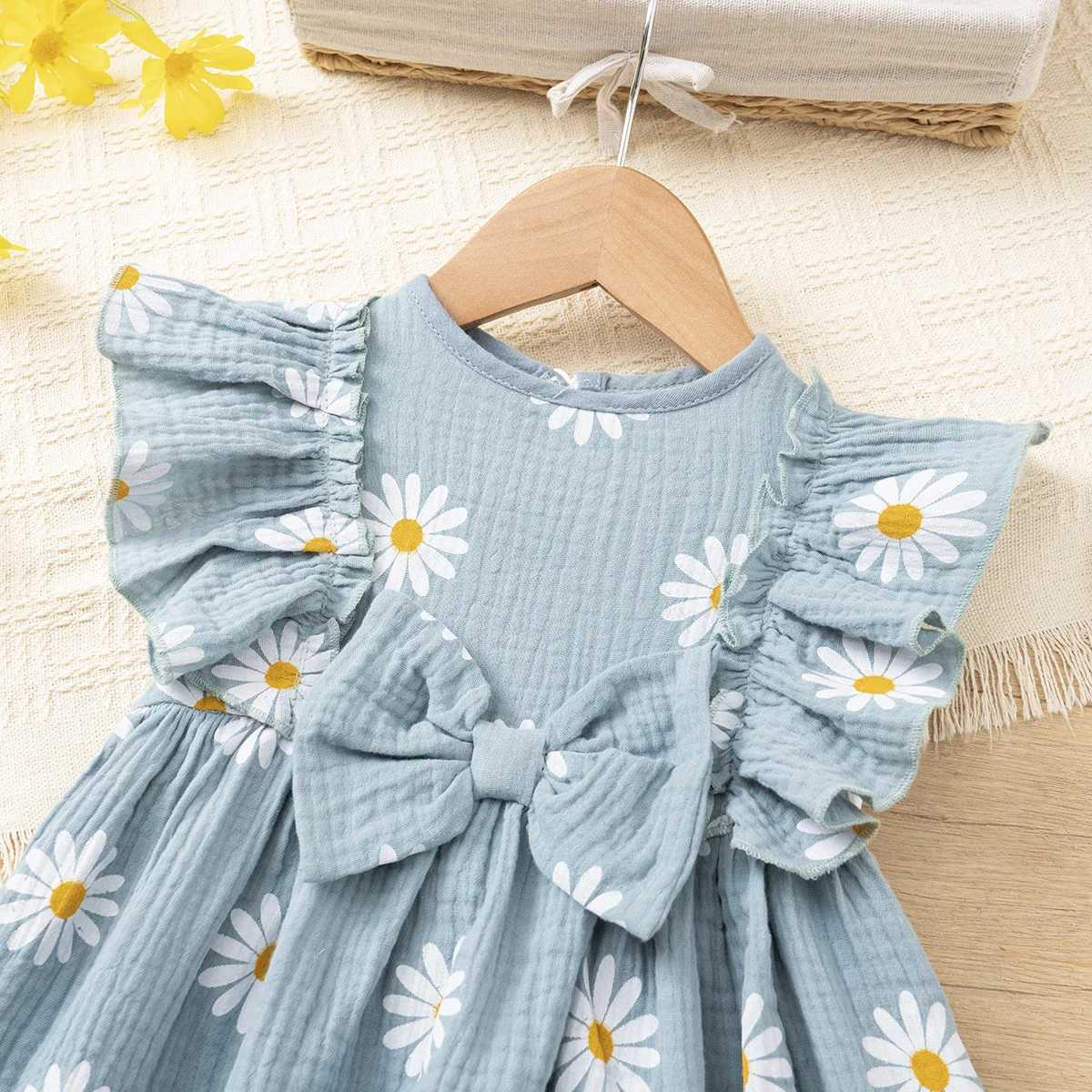 Girls summer daisy print dress cotton muslin sweet bowknot dress ruffle sleeve breathable lightweight dress H260402