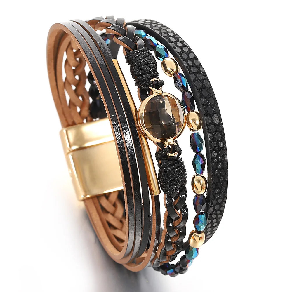ALLYES Charm Handmade Braided Leather Bracelet for Women Men Crystal Metal Beaded Chain Multilayer Wrap Bracelets Jewelry Gift 260318BJ - view 3