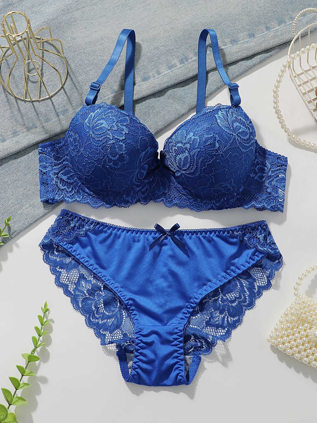 Blue Lace Push Up Bra Set Women Underwire Bra Panty Set Lingerie Sets Breathable Ladies Intimates Z260402