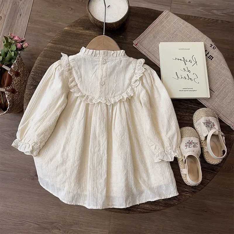 Bowknot Nylon Lace Embroidered Flower Half High Collar Cut-out Princess Dress Autumn Dress Kids Dresses for Girls Kids H260402