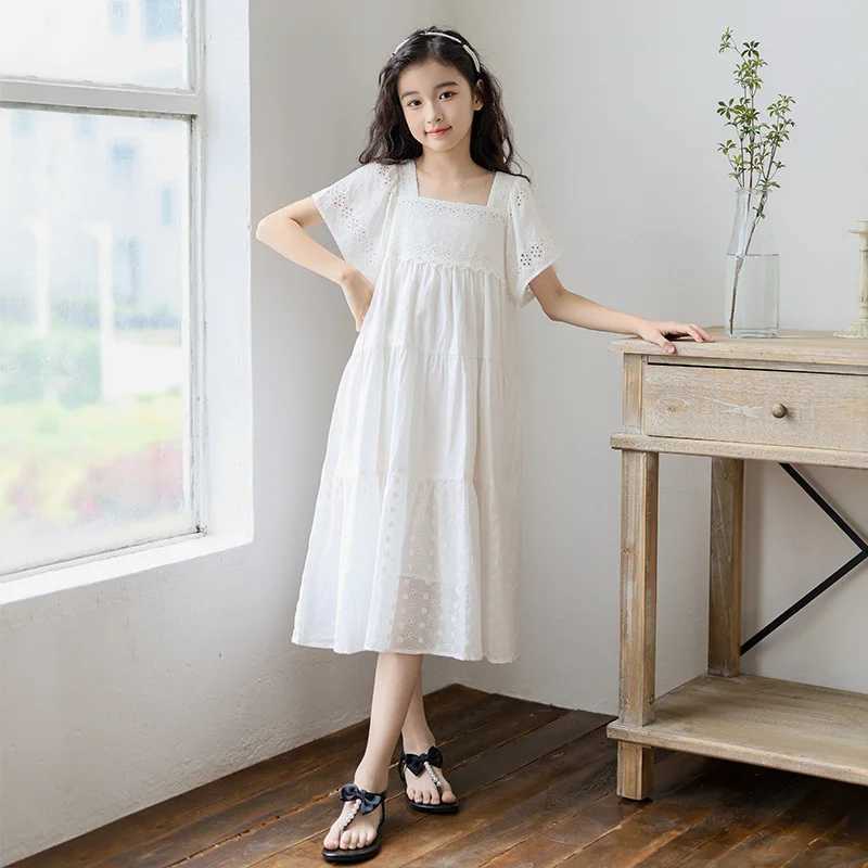2026 Summer Girls White Lace Dress Cotton Square Collar Flare Sleeve Princess Dresses for Kids 12 13 14 Years Children Clothes H260402