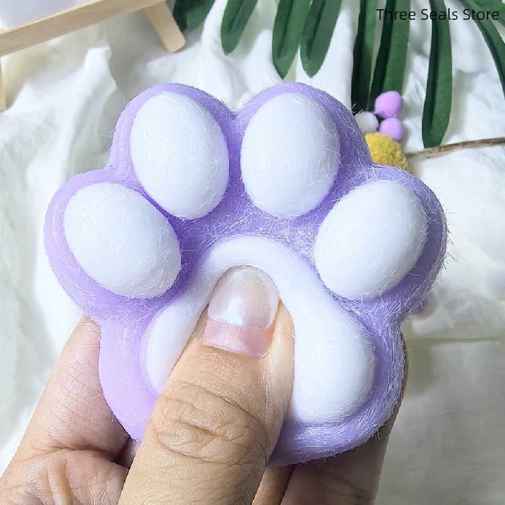 Squeeze Cats Paw with Fur Stress Relief Squishy Fidget Toy Mini Kawaii Plush Silicone Sticky Decompressing Pinching Cat Foot H260402