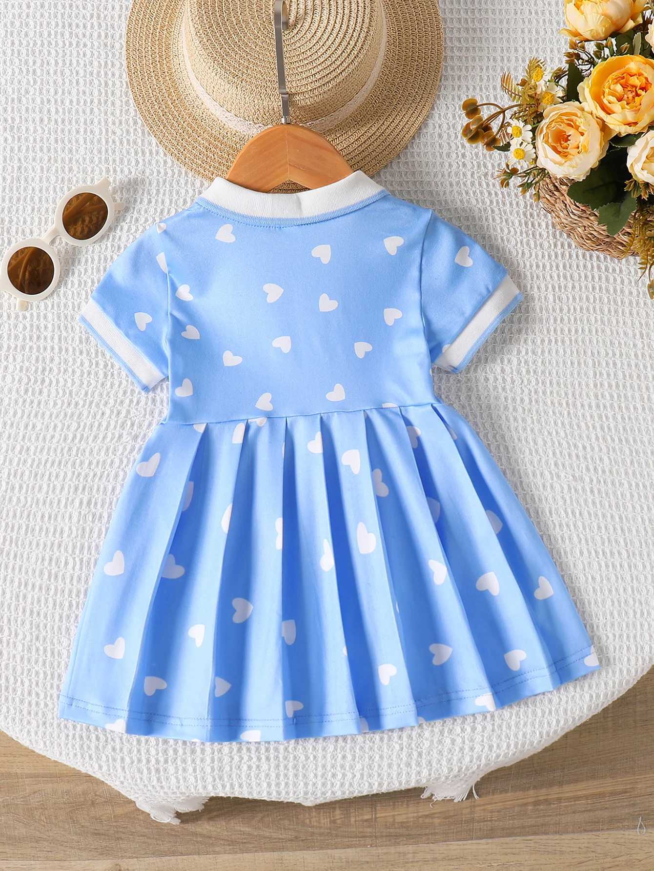 Baby Girl Blue Polo Dress with White Heart Print Short Sleeve Collared Pleated Dress for Toddlers H260402