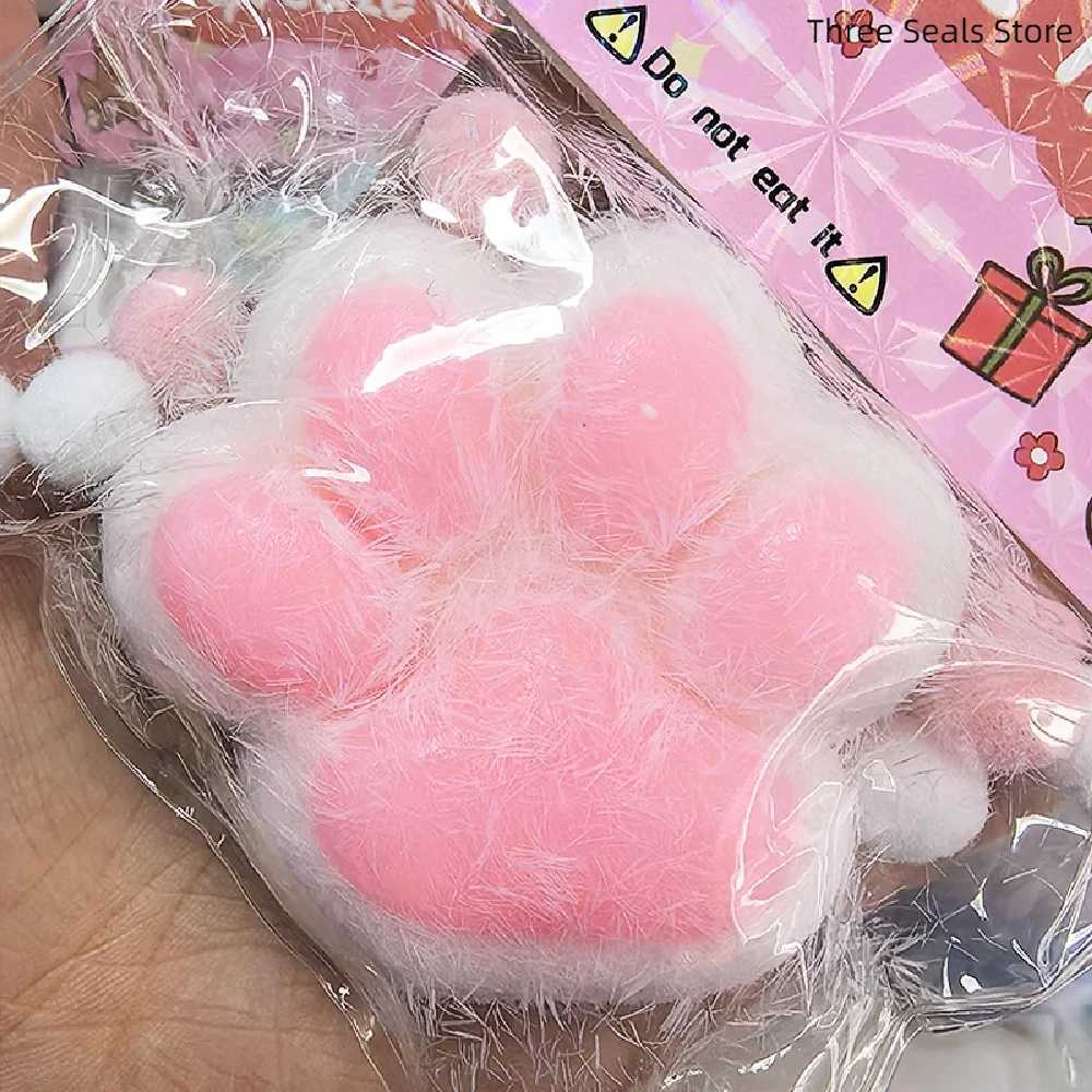 Squeeze Cats Paw with Fur Stress Relief Squishy Fidget Toy Mini Kawaii Plush Silicone Sticky Decompressing Pinching Cat Foot H260402