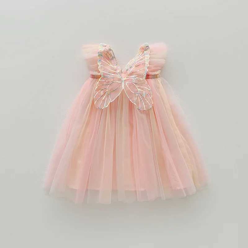Summer Girls Sweet Flying Sleeves Rainbow Stereoscopic Wings Mesh Girl Dresses Cute Baby Dress Princess Clothes H260402