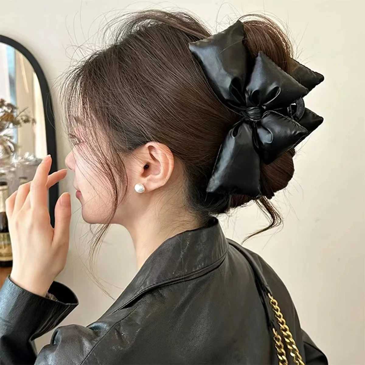 1pc/2pcs Black Leather Cotton Stuffing Bow Claw ClipLarge Jaw Clips for Thick HairNo-slip Fashion Winter Hair Accessory H260402