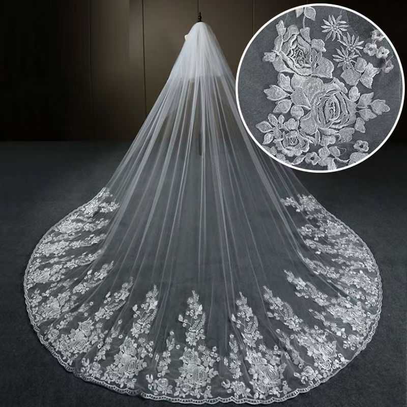 Starry sky veil wedding dress main wedding dress white long style champagne-colored trailing veil headpiece retro style X260402