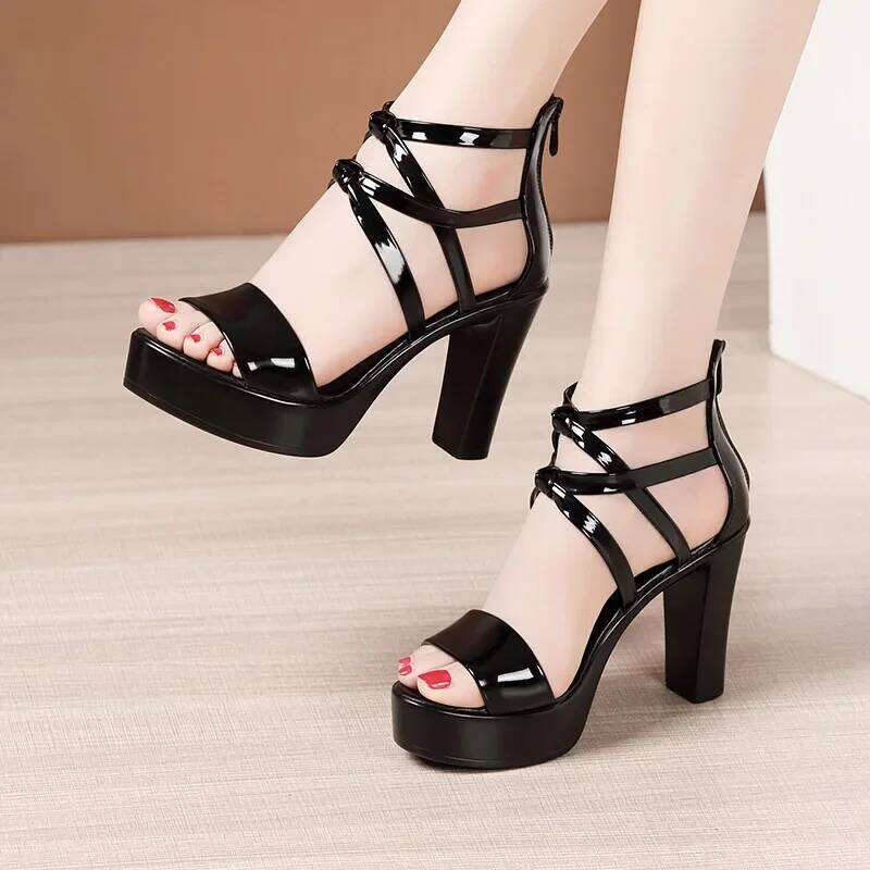 Big Size 32-43 Block Heel Platform Women Wedding Shoes 2025 Summer High Heels Gladiator Patent Leather Sandals