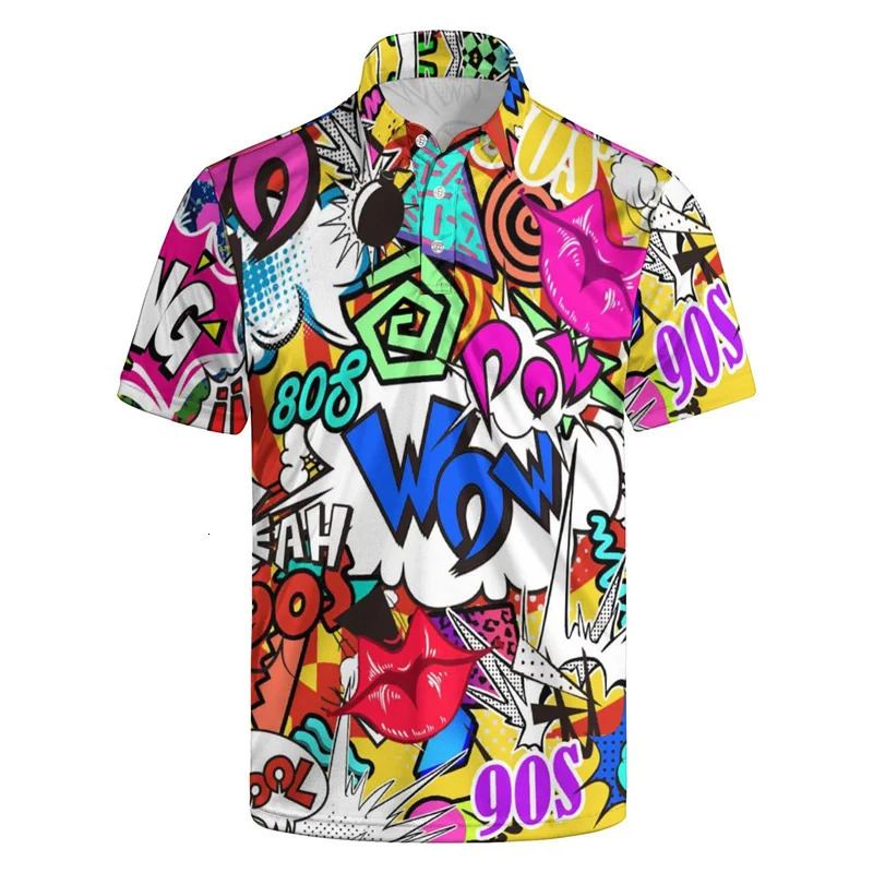 3d Printing 80s 90s Golf Polo Shirt Summer Retro Lapel Shirt Street Loose Short Sleeve Tops Mens Button Tee Shirts 260401