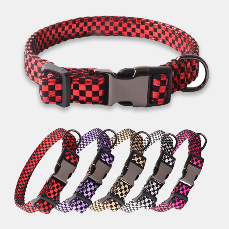 Pet Collar New Laser Colorful Glossy Checkerboard Series Semi Metal Buckle Adjustable For Dogs