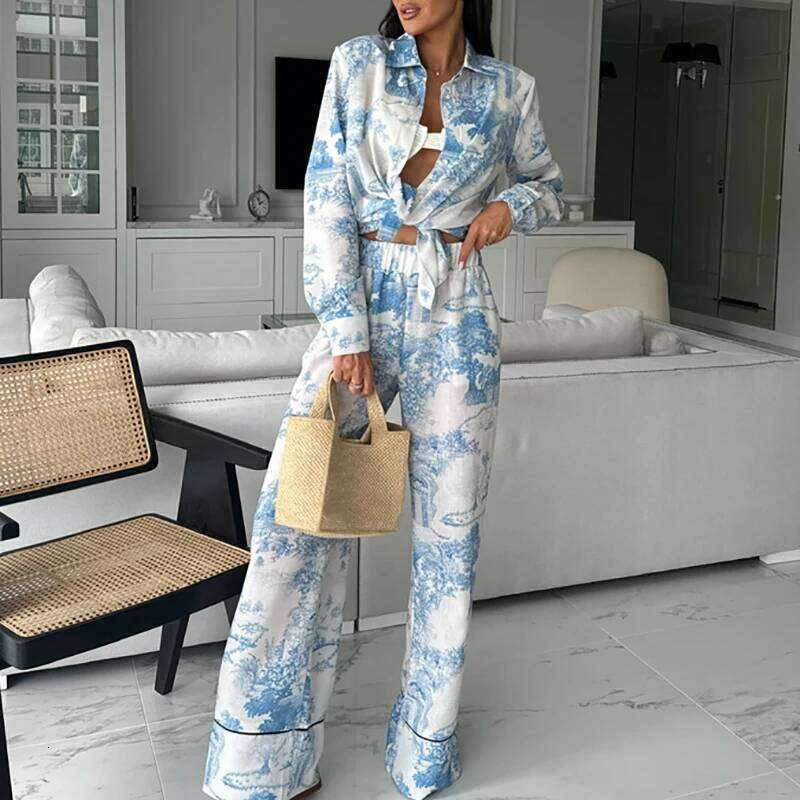 Women's Elegant Long Sleeve Loose 2 Piece Set New Autumn Pattern Printed Shirt Suit Casual Elastic Waist Straight Pants Outfit Asia Size