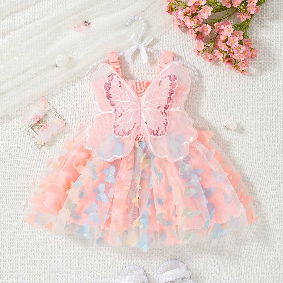 Summer New Baby Girl Suspender Dress Solid Color Butterfly Wing Gauze Dress Childrens Birthday Party Dress H260402