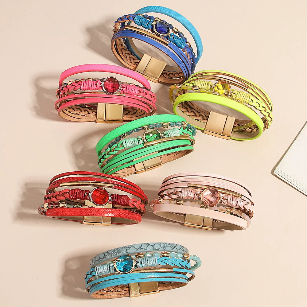 ALLYES Charm Handmade Braided Leather Bracelet for Women Men Crystal Metal Beaded Chain Multilayer Wrap Bracelets Jewelry Gift 260318BJ - view 6