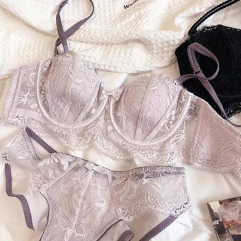 French Lace Embroidery Lingerie Set Women 1/2Thin Cup Push Up Bra Detachable Strap Anti-slip Lavender Brassiere and Panties Z260402