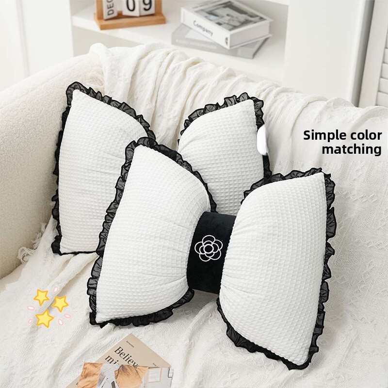 Pillow Waffle Bowknot Cushion Lace Edge Camellia Lumbar Summer Cool Breathable Comfortable Waist Support Girly Design For Living Room