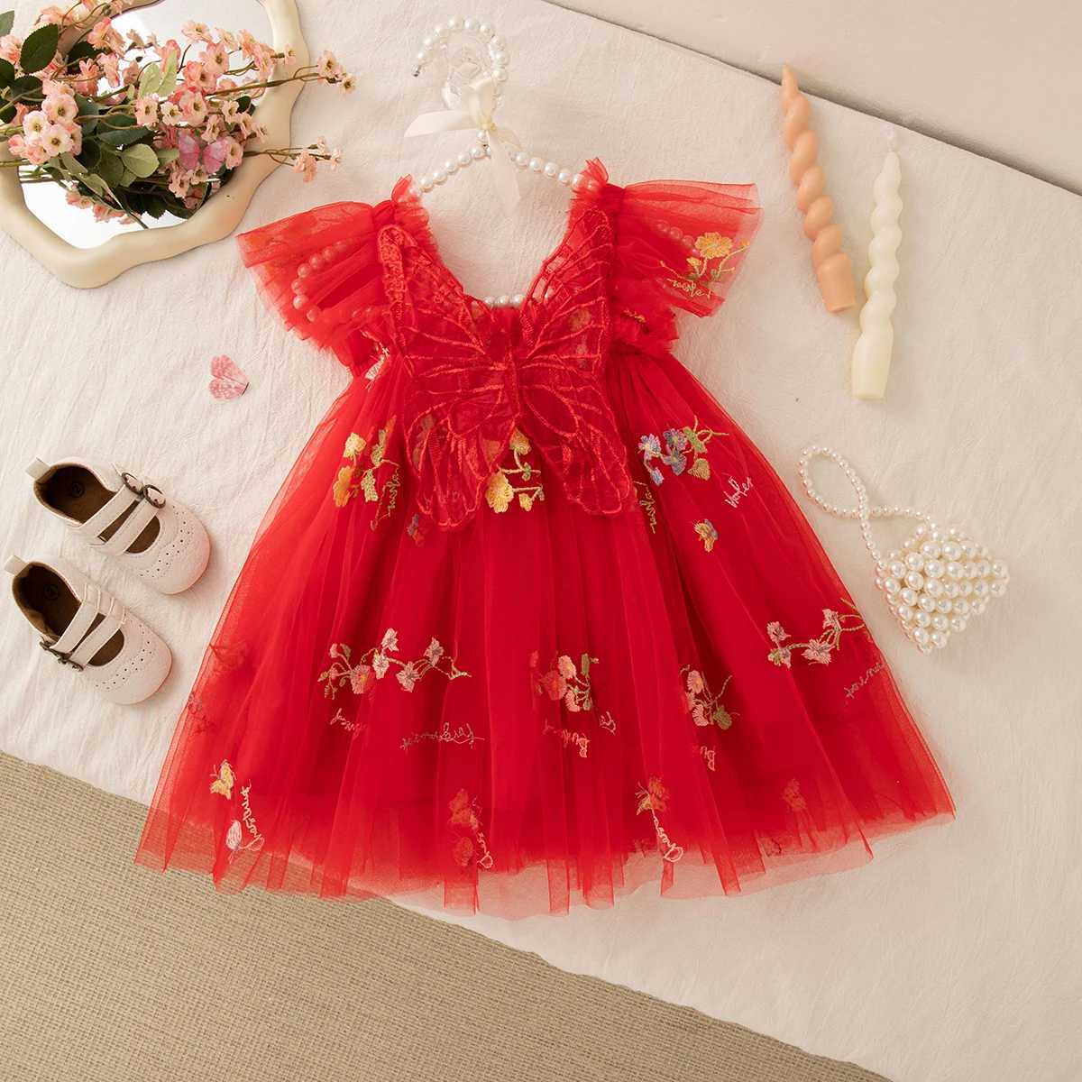 Summer New Floral Embroidery Chiffon Baby Girl Princess Dress Cute Butterfly Wing ChildrenS Clothing 9 Months - 4 Years Old H260402
