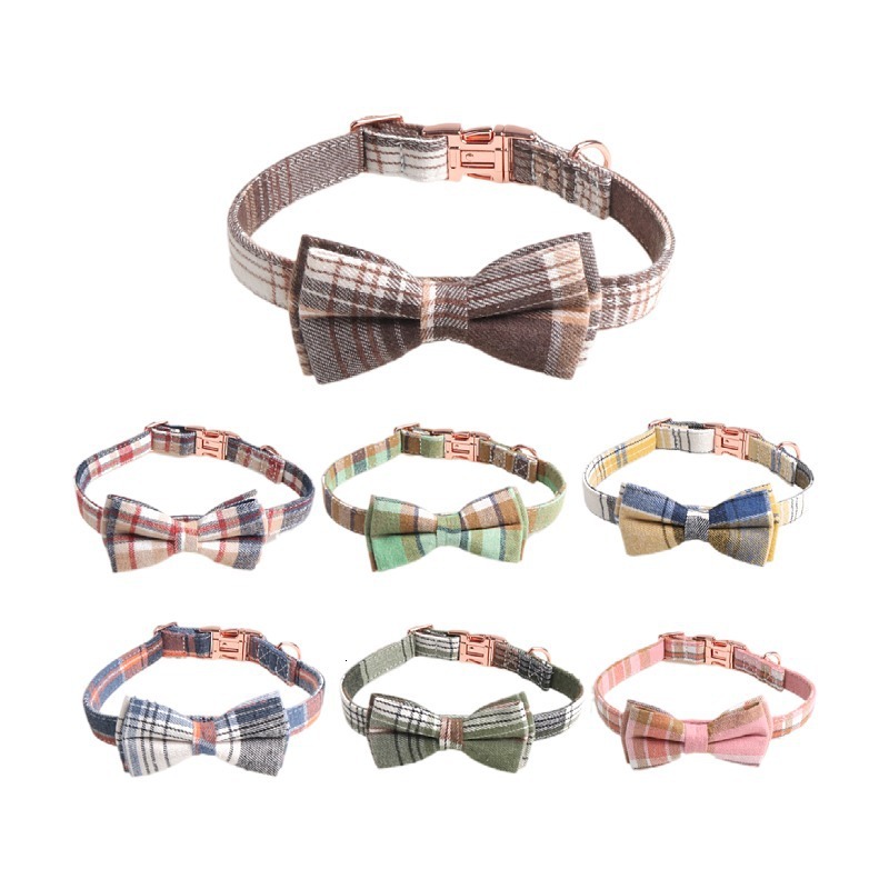 Pet Collar British Plaid Pattern Detachable Bowknot With Bell Comfortable Collar For Cats Kittens Macaron Color