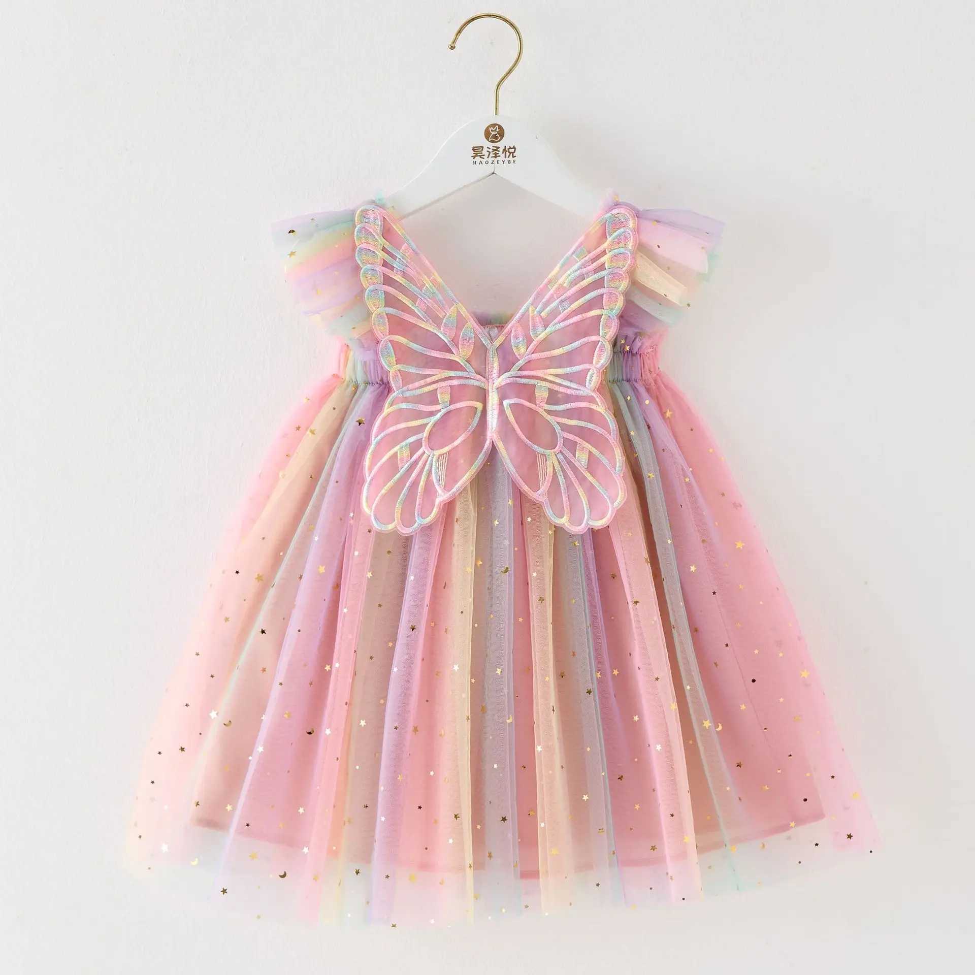 Flying Sleeves Kids Sequin Star Suspender Dresses for Girls Princess Wings Rainbow Mesh Puff Dress Baby Photo Shoot Dress H260402