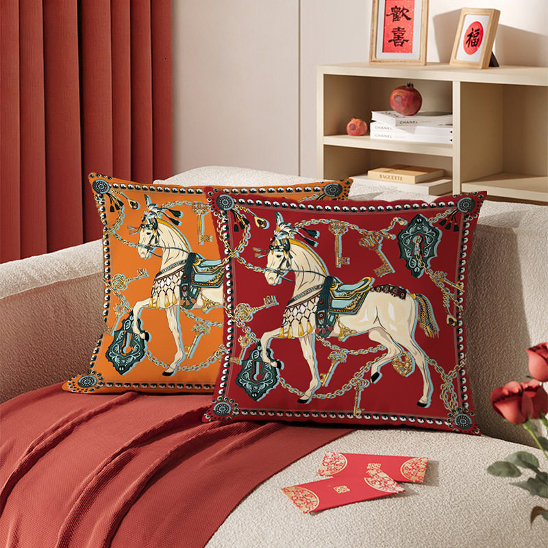 Pillow Case Light Luxury High End Orange Yellow Decorative Cushion Cover For Living Room Bed Sofa Model Room Horse Pattern