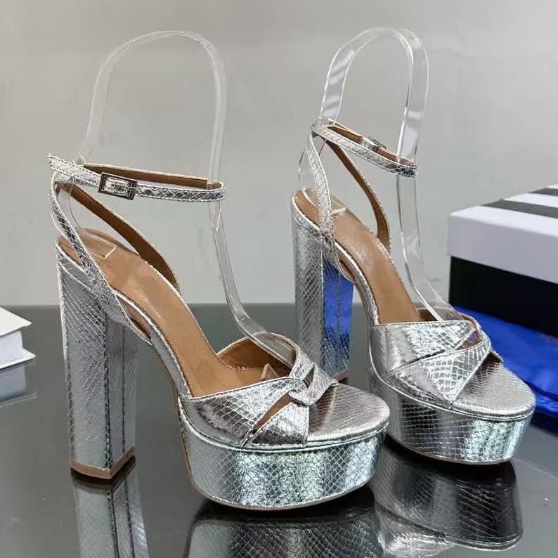 Dress Shoes Designer lizard leather high heel dress shoes open toe block heel party wedding banquet sandals high-end luxury top shoes with a strap on the back with box